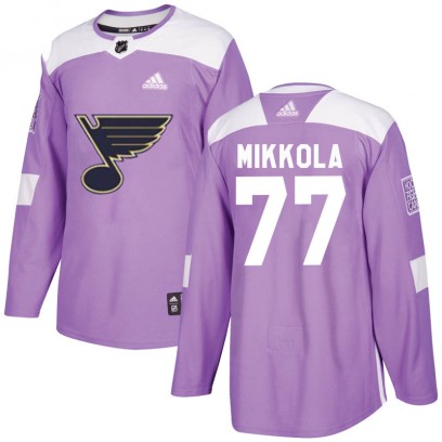 Men's Authentic St. Louis Blues Niko Mikkola Adidas Hockey Fights Cancer Jersey - Purple