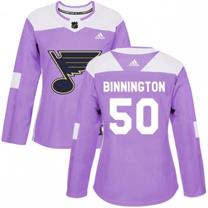 Women's Authentic St. Louis Blues Jordan Binnington Adidas Hockey Fights Cancer Jersey - Purple